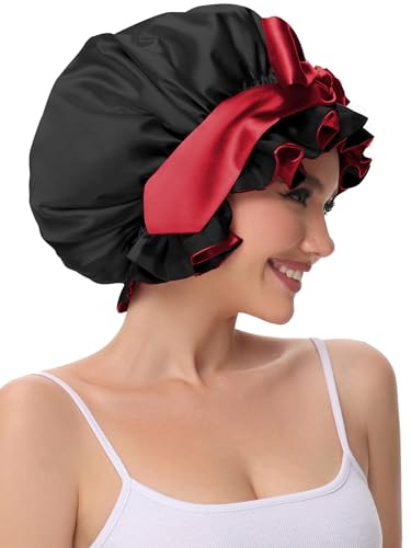 Satin Hair Bonnet for Sleeping with Adjustable Tie Band - Black