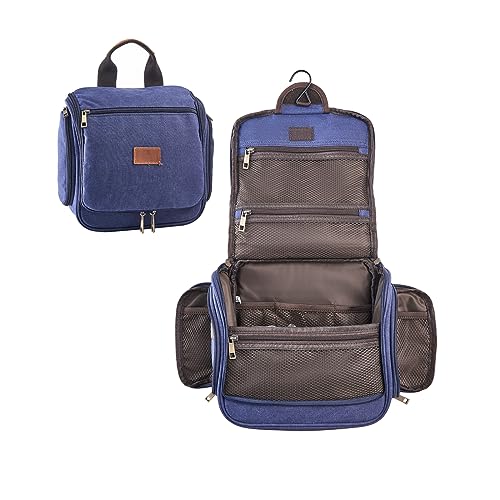 Canvas Toiletry Bag for Men Shaving Dopp Kit Bulk Travel Hanging Makeup Organizer with Sturdy Metal Hook Portable Cosmetic Bag for Women with Large Capacity Blue