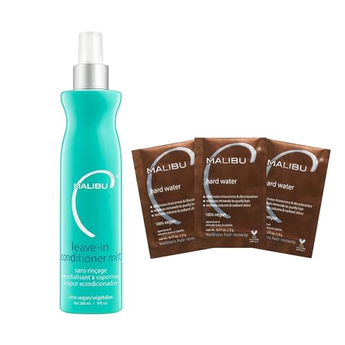 Malibu C Leave-In Conditioner Mist Moisturizing Heat Protectant for All Hair Types (9 oz), Hard Water Wellness Hair Remedy (3 Packets) Moisture, Repair & Mineral Buildup Removal