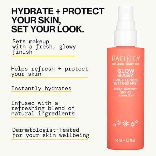 Pacifica Setting Spray Glow Baby Brightening Mist, Broad Spectrum SPF 45, UVA/UVB Protection, Blue Light Protection, Facial Mist, Suncare, Skin Care, Vegan, 1.7 fl oz (1 Count)