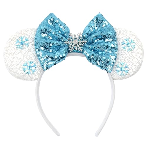 Bianbaistar Snowears Velvet Headband with Big Ears & Blue Bow - Winter Snowflake Sequin Accessory for Women & Kids