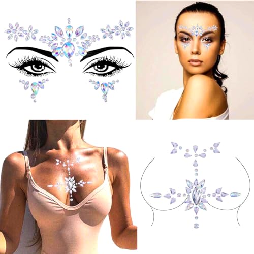 Rhinestone Mermaid Cross Chest Gem Crystal Eyes Face Stickers Jewels Body Rave Festival Party Face Jewelry for Women and Girls 2PCS
