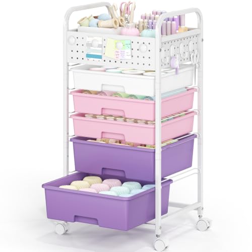 Dreamy Color 5-Drawer Rolling Storage Cart with Pegboard Top & Hooks - SYKIARIOL