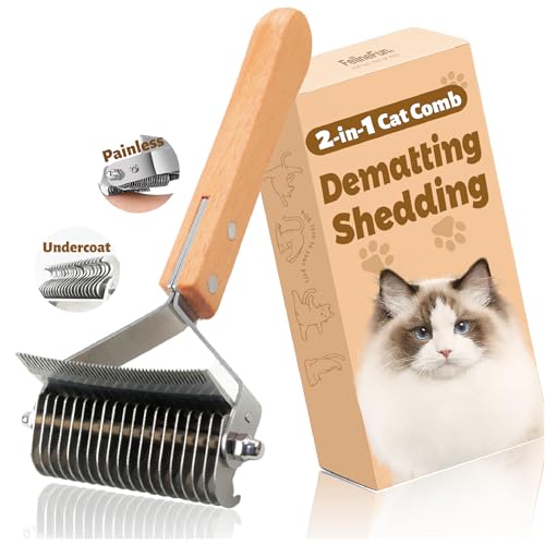 FelineFun Cat Grooming Brush for Dematting & Shedding - 2-in-1 Undercoat Rake for Long & Indoor Cats