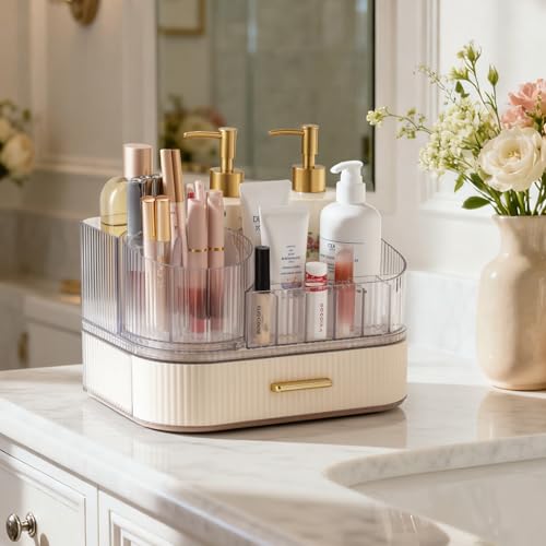Delamu Makeup Organizer for Vanity with Stackable Drawers, 360 Rotating Makeup Brush Holder Large Cosmetic Display Case, Bathroom Skincare Storage, Elegant White, Ideal Christmas Gifts for Girls