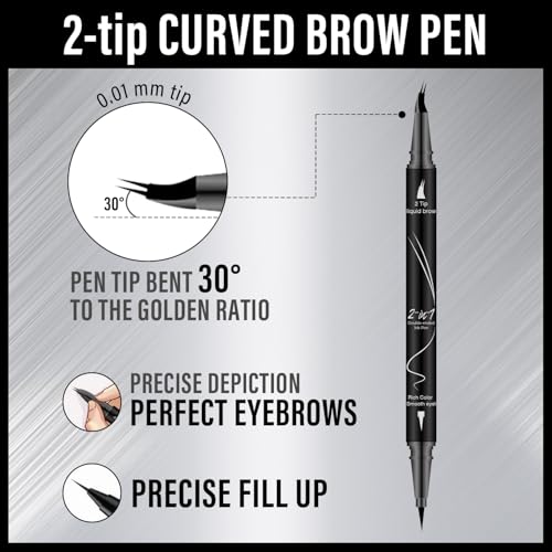 Curved Eyebrow Pencil, 2-in-1 Dual-Ended Eyebrow Pen with Curved Tip and Precise Brush-Tip, Waterproof, Microblading, Long Lasting (Brown)