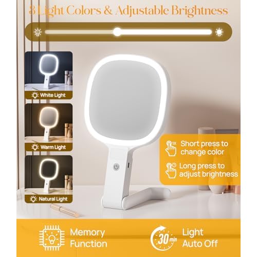 Gospire 6.8" Travel Vanity Mirror, 3-in-1 Hanging/Handheld/Desktop Use with Dual-Side Buttons, 1X/10X Magnification, 3-Color Dimmable LED, Auto Memory + Velvet Pouch (White)