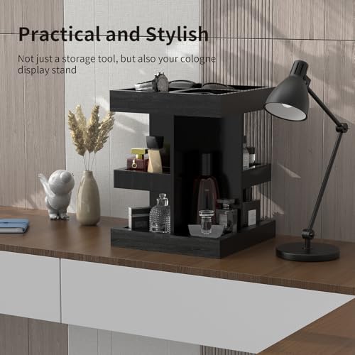 Wooden Cologne Organizer for Men: 3 Tier Perfume Display Stand with 360 Degree Rotating for Desk & Nightstand - Large Capacity Cologne Shelf Organizer for Mens Gift (Black)