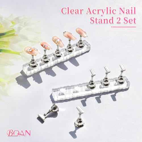BQAN 2 Set Nail Holder for Painting Nails, Transparent Acrylic Nail Stand for Press on / Fake Nail Tips Training / Nails Display with 96 Pcs Reusable Adhesive Putty (Clear)
