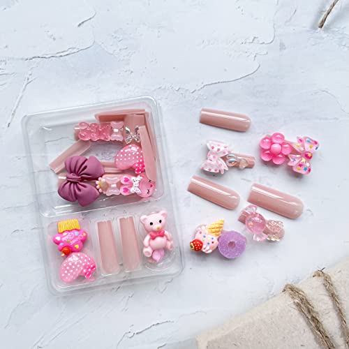 Long Press on Nails with Flower Charm,French Tip Square Fake Nails Full Cover False Nails with Bow Heart Pearl Bear Designs Acrylic Nails Pink Glitter Stick on Nails Cute Artificial Nails for Women