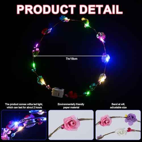20 Pcs LED Flower Crowns Headbands,Light Up Headbands For Women,Glow In The Dark Headband Wreath,Suitable For Birthdays,Weddings, Halloween, Christmas, Role-Playing, Beach Parties
