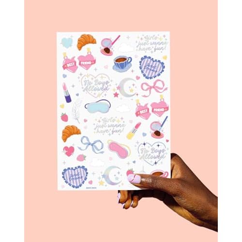 xo, Fetti Sleepover Temporary Tattoos - 72 Iridescent Foil Pcs | Birthday Decorations, Girls Pajama Night Accessory, Cute Kids Activity, Slumber Party Favor
