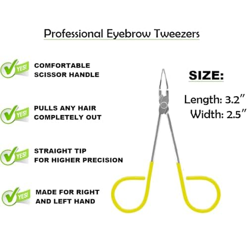 Professional Salon TWEEZERS with Easy Scissor Handle, The BEST PRECISION EYEBROW TWEEZERS Men/Women, Pinzas Para Cejas, Ingrown Hair, Blackhead;Colors MADE IN MEXICO (Neon-Yellow)