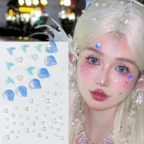 Glitter Rhinestone Tattoo Stickers for Makeup, Shell Fish Tail Flowers Face Eye Gems, Self Adhesive Face Jewelry with Ocean Color, Cute Mermaid Face Stickers, Birthday Rave Concert Party Supplies