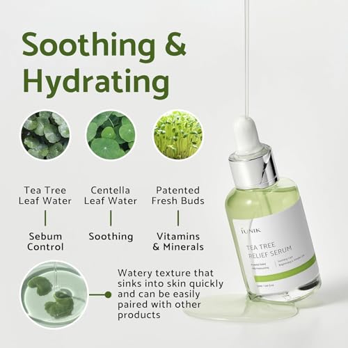 IUNIK Tea Tree Relief Vegan Serum for Acne-Prone Skin - Non-Sticky & Lightweight Facial Ampoule with Centella Asiatica for Soothing, Calming, and Balancing - Korean Skincare