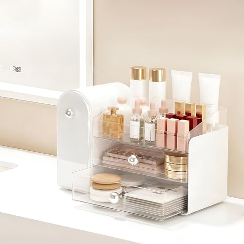 Lurcns Makeup Organizer with Dustproof Brush Holder & 2 Drawers