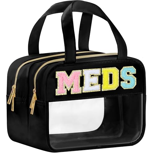 Chenille Letter Clear Medicine Makeup Bag for Travel, Preppy Patch Nylon Cosmetic Meds Pouch with Handles and Zipper, Waterproof Large Travel Toiletry Bag Storage Case for Women Black