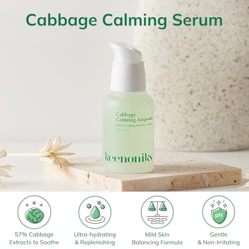keenoniks Cooling Hyaluronic Acid Ampoule Serum - 85% Cabbage Extract Calming Facial Remedy to Soothe and Moisturize for Sensitive, Dry Skin | Balancing Korean Essence - 1.01 Fl Oz