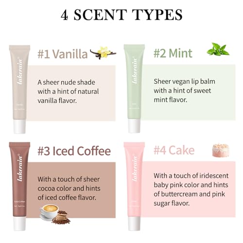 4pcs Summer Lip Balm,Hydrating Nourishing Lip Care Formula Lightweight & Non-Sticky,Moisturize and Lip Care, Gift Box for Women,Tinted Lip Balm 4 Trending Shades (Vanilla,Mint,Iced Coffee,Cake)