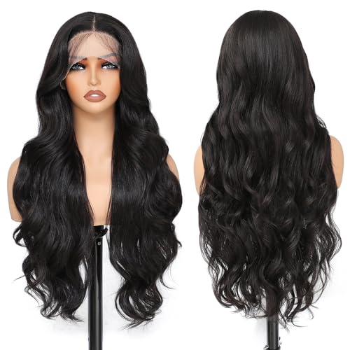 X-TRESS Hair Black wig for Women, Middle Part Front Lace Hairline Wig Pre-Plucked Heat Resistant Synthetic Wig for Daily 28 Inch-1B