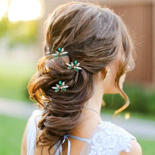 Dizila 12 Pack Gold Metal Emerald Green Rhinestone Party Prom Wedding Bridal U-shaped Hairpins Headpieces Accessories for Brides Bridesmaids Women Girls