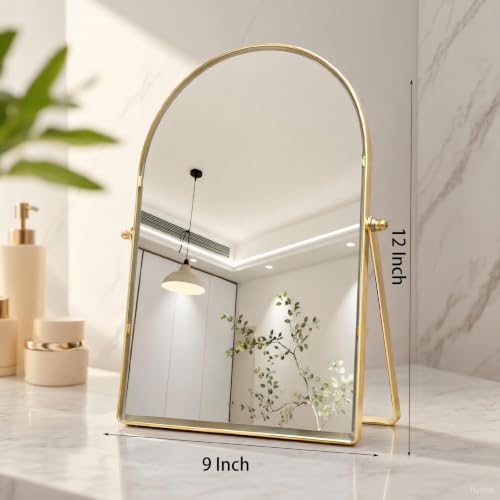 Gold Arched Makeup Mirror with 360° Stand, 12x9 Inch