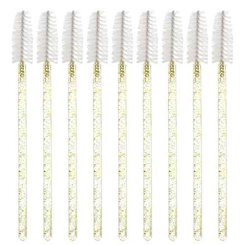 100 PCS Crystal Eyelash Mascara Wands Disposable Lash Brushes for Extensions Spoolie Brush Applicators Makeup Tool Kits (Gold handle)