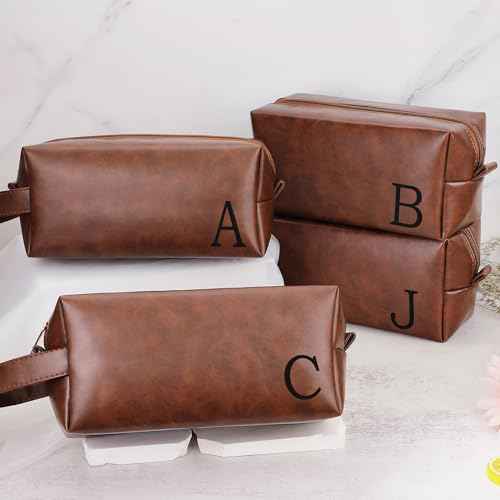 Mens Toiletry Travel Bag Initial M, Personalized Leather Toiletry Bag for Men, Anniversary Christmas Valentines Fathers Day Birthday Gifts for Husband Dad Grandpa Brother
