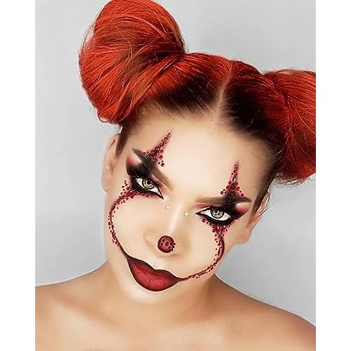 Halloween Clown Face Gems Jewels, Day of the Dead Rhinestone Face Jewels Temporary Skull Tattoos for Women Halloween Makeup Costume
