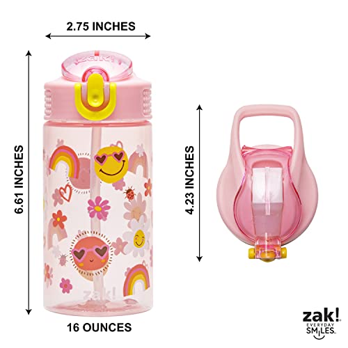 Zak Designs Kids Water Bottle For School or Travel, 16oz Durable Plastic Water Bottle With Straw, Handle, and Leak-Proof, Pop-Up Spout Cover (Sunny Smiles)