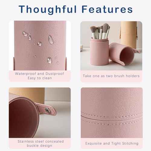 Portable Makeup Brush Holder, Waterproof PU Leather Travel Makeup Brush Case Bag Cup, Brush Storage Dustproof Bag (01Light Pink)