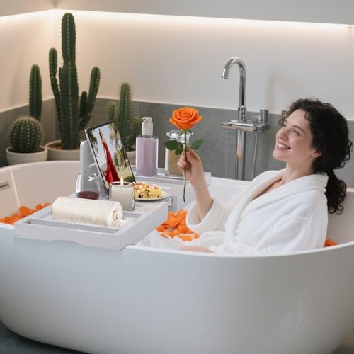 Bamboo Expandable Bath Tray Caddy for Bathtub