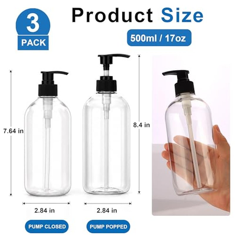 3 Pack 17oz (500ml) Empty Pump Bottles Jansburg Clear Lotion