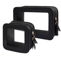 2 Pcs Travel Clear Makeup Bag Set, Clear Black Makeup Organizer with Zipper Leather Travel Bags for Toiletries Small Cosmetic Bags for Women Mini Make up Pouch Toiletry Bags Car Essentials