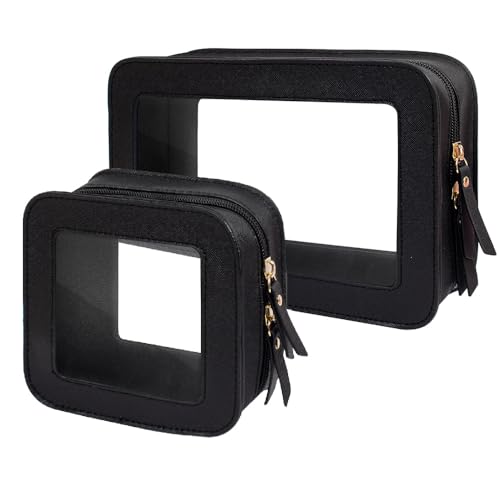 2 Pcs Travel Clear Makeup Bag Set, Clear Black Makeup Organizer with Zipper Leather Travel Bags for Toiletries Small Cosmetic Bags for Women Mini Make up Pouch Toiletry Bags Car Essentials