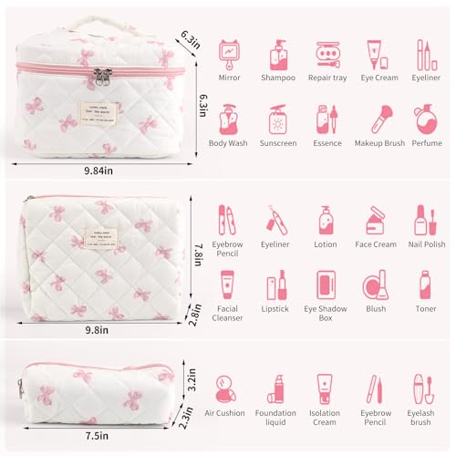 Quilted Floral Makeup Bag Set for Women - 3 Sizes, Travel Organizer
