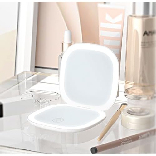 Meichoon Portable Pocket Handheld Mirror LED Lighted Compact 1X/5X Magnifying 2 Sided 3 Colors Dimmable USB Rechargeable Travel Makeup Mirror UK16 Pink
