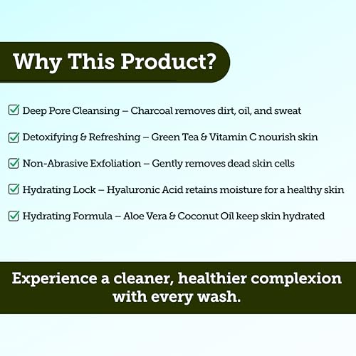 Mens Face Wash | Facial Cleanser with Activated Charcoal, Hyaluronic Acid & Green Tea | Exfoliate, Deep Pore Cleansing & Hydrating Facial Cleanser | Exfoliating Face Wash | Mens Skin Care