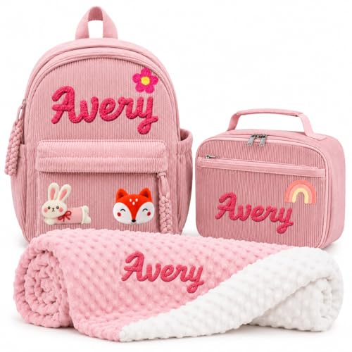 Personalized Girls Preschool Backpack & Lunch Bag Set with Blanket