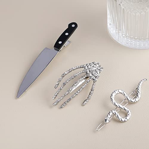 FRDTLUTHW Mini Knife Hair Clip Skeleton Hands Bone Halloween Hair Clips Small Rhinestone Snake Hairpin for Women Girls(pack of 3)