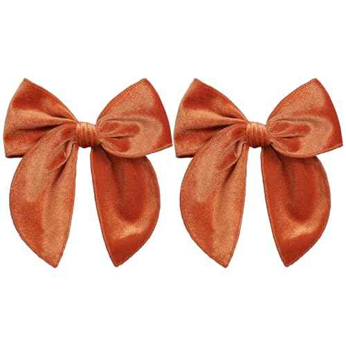 Burnt Orange Velvet Ribbon Fable Bow Hair Clips 2pc 5" Vintage Terracotta Velvet Ponytail Bow Alligator Barrettes for Teen Toddler Girl Women Fall Winter Dress outfits Decor Accessory