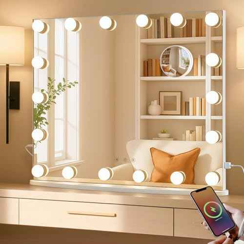 LUXFURNI Vanity Mirror with Lights, 23.6" x 20.5" Hollywood Mirror, Light Up Makeup Mirror with 18 LED Bulbs for Bedroom, 3 Color Lighting Modes, Tabletop & Wall Mount, USB Charging Port