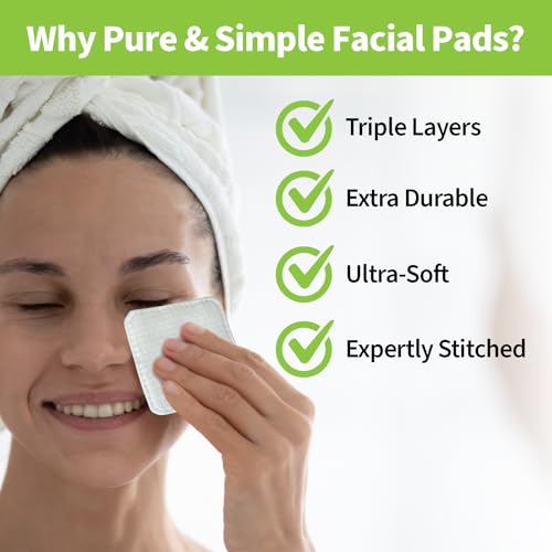 Pure & Simple XL Facial Pads - 60 Count, Vegan & Cruelty-Free, 3x3 Inches, Double-Sided Makeup Remover & Mask Application, Durable Cotton