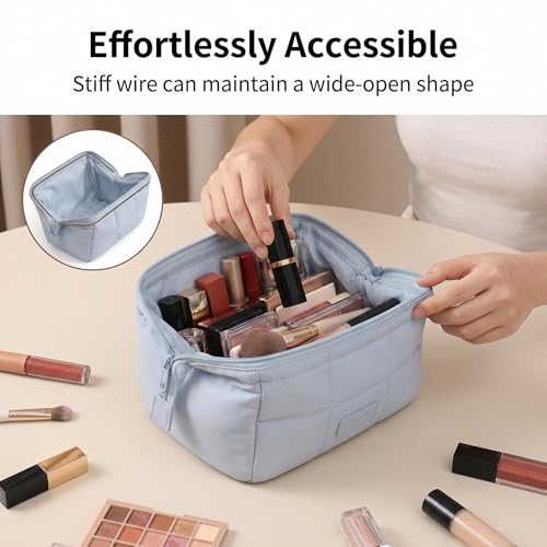Travel Makeup Bag with Brush Pocket & Compartments Blue