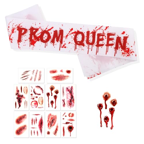 Zombie Prom Queen Sash & Fake Scar Tattoos Halloween Costume Kit