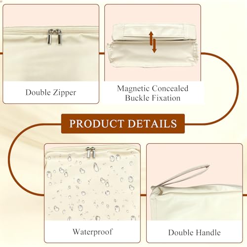 Standing Makeup Bag, Multifunctional Large Capacity Makeup Bag with Compartments,Waterproof Portable and Foldable Travel Makeup Storage Bag for Women (Beige)