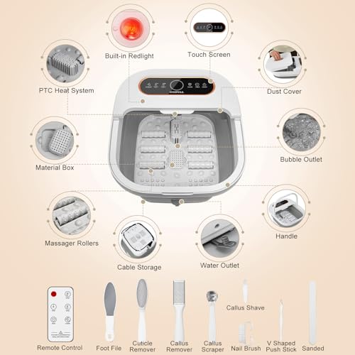 Collapsible Foot Spa Bath with Heat, Touch Screen, Remote Control, Massage Rollers, Timer, Bubble, Foot Pedicure Kit, Temperature Control Pedicure Foot Spa, Foot Bath