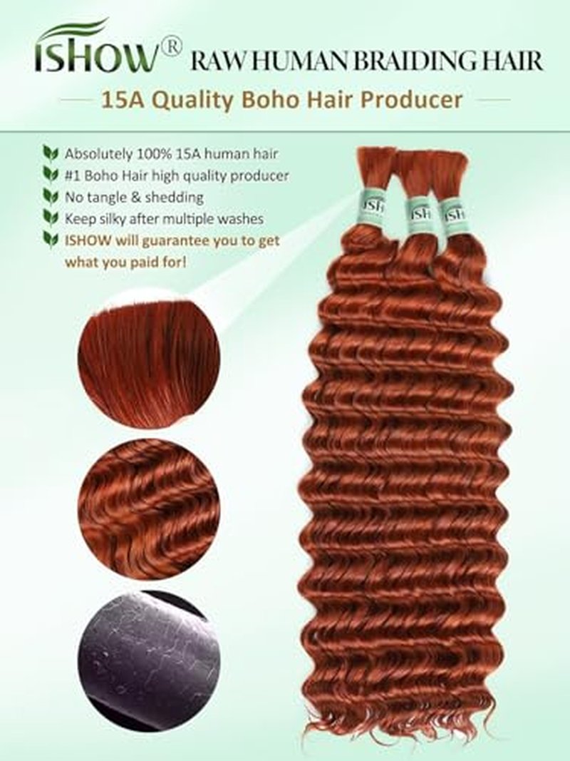 ISHOW 15A Deep Wave Bulk Human Hair, 18 Inch, Dark Ginger, 3 Packs