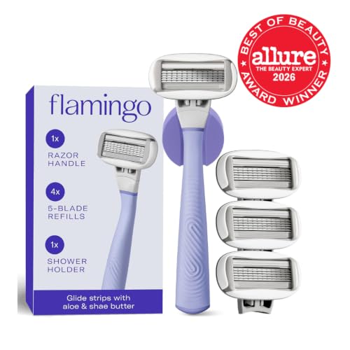 Flamingo Women's Shaving Razor Set Lilac - Handle & 4 Refills, Shower Holder