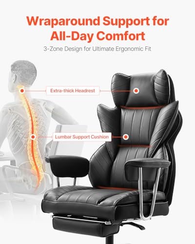 VEVOR Black Executive Office Chair with Footrest, 400lb Heavy Duty Reclining Ergonomic Desk Chair